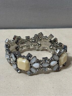 Silver Stretch Bracelet with Cream and White Gem Accents